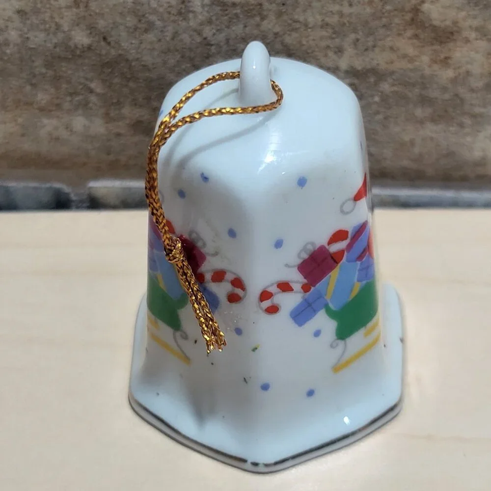 Vintage Lillian Vernon Christmas Hexagon Bell Ornament 1986 Gold Trim